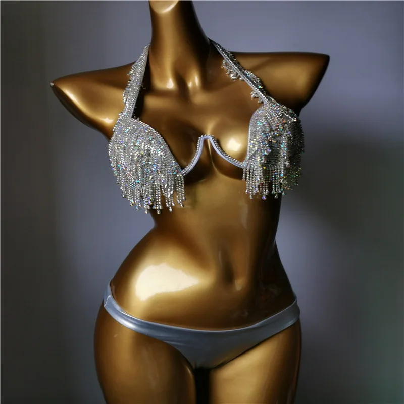 

Sexy Rhinestones Tassel Bikini Nightclub DJ Pole Dance Costume Club Party Show Rave Outfit Crystal Fringe Bandage Bra Shorts Set