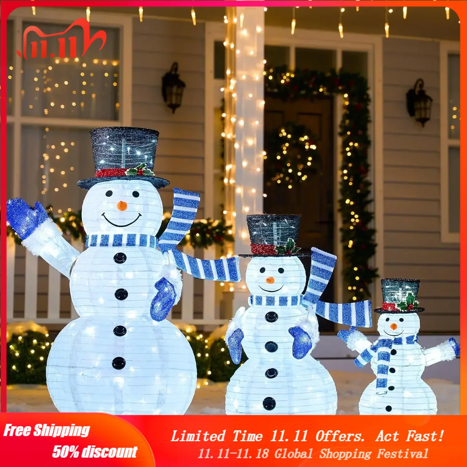 3 Pcs 3D Christmas Collapsible Snowman Yard Light 270 Pre-Lit LED Cool White Lights for Indoor Outdoor Garden Holiday Décor