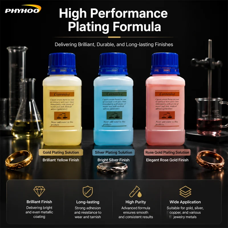 PHYHOO Professional Jewelry Electroplating Solution Kit Gold Silver Rose Plating Formula Fluid System For Workshop DIY Crafts