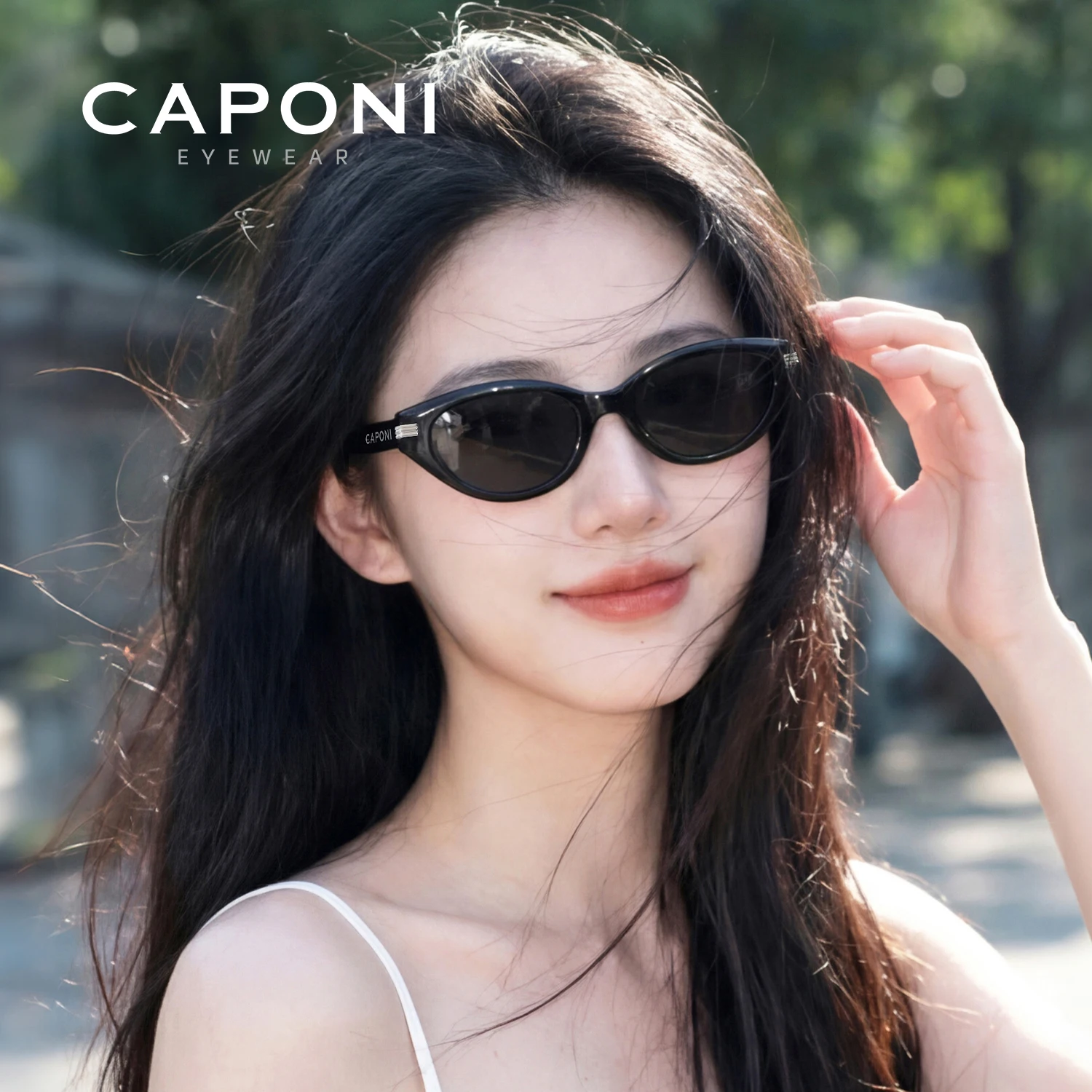 

CAPONI Polarized Women Cat Eye Sunglasses New Fashion Original Design EMS-TR Sun Glasses Anti Glare UV400 Black Shade CP35024