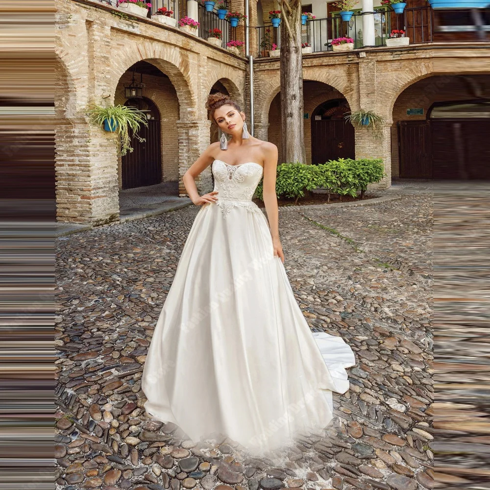 

2025 Elegant Women Wedding Dresses Bright Satin A-Line Bridal Gowns Deep V-Neck Mopping Length Women Vestido De Noche Customized