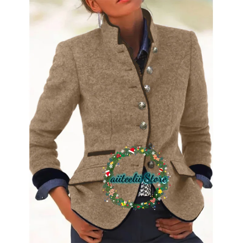 Woolen Women's Vintage Stand Collar Long Sleeve Jacket Slim Fit Solid Color Blazer Ladies For Wedding костюм женский