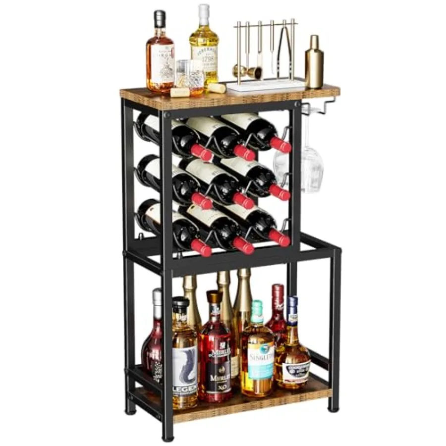 

Freestanding Floor Wine Rack with 3 Tiers and Glasses Holder for Home Bar Compact Corner Liquor Display Stand Ideal for Whiskey