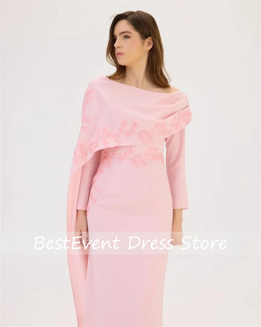 

Customized Pink Lace Long Sleeve Bridal Party Dress Floor Length Pleated Formal Evening Dresses for Woman Vestido de