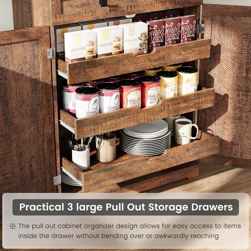 خزانة مخزن المطبخ بطول 72 بوصة، مخزن المزرعة باللون البني الريفي مع مساحة تخزين كبيرة للطعام في المطبخ وغرفة المعيشة