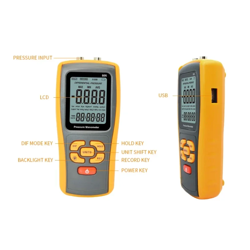 -2.49kPa~2.49kPa Measurement Range Hand-held Digital Micro Manometer Pressure Gauge Gage Meter with Data Record Transmission