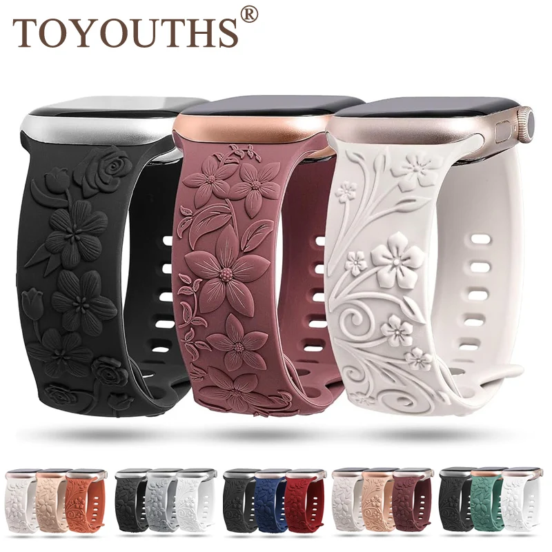 

TOYOUTHS 3pcs Floral Engraved Watch Strap For Apple Watch Band 45mm 49mm 38mm 40mm 41mm Silicone Band correa iwatch series 9 7 8