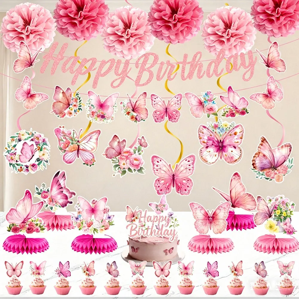 Spring Pink Butterfly Baby Themed Party Decoration Set Flower Alphabet Pull Flags