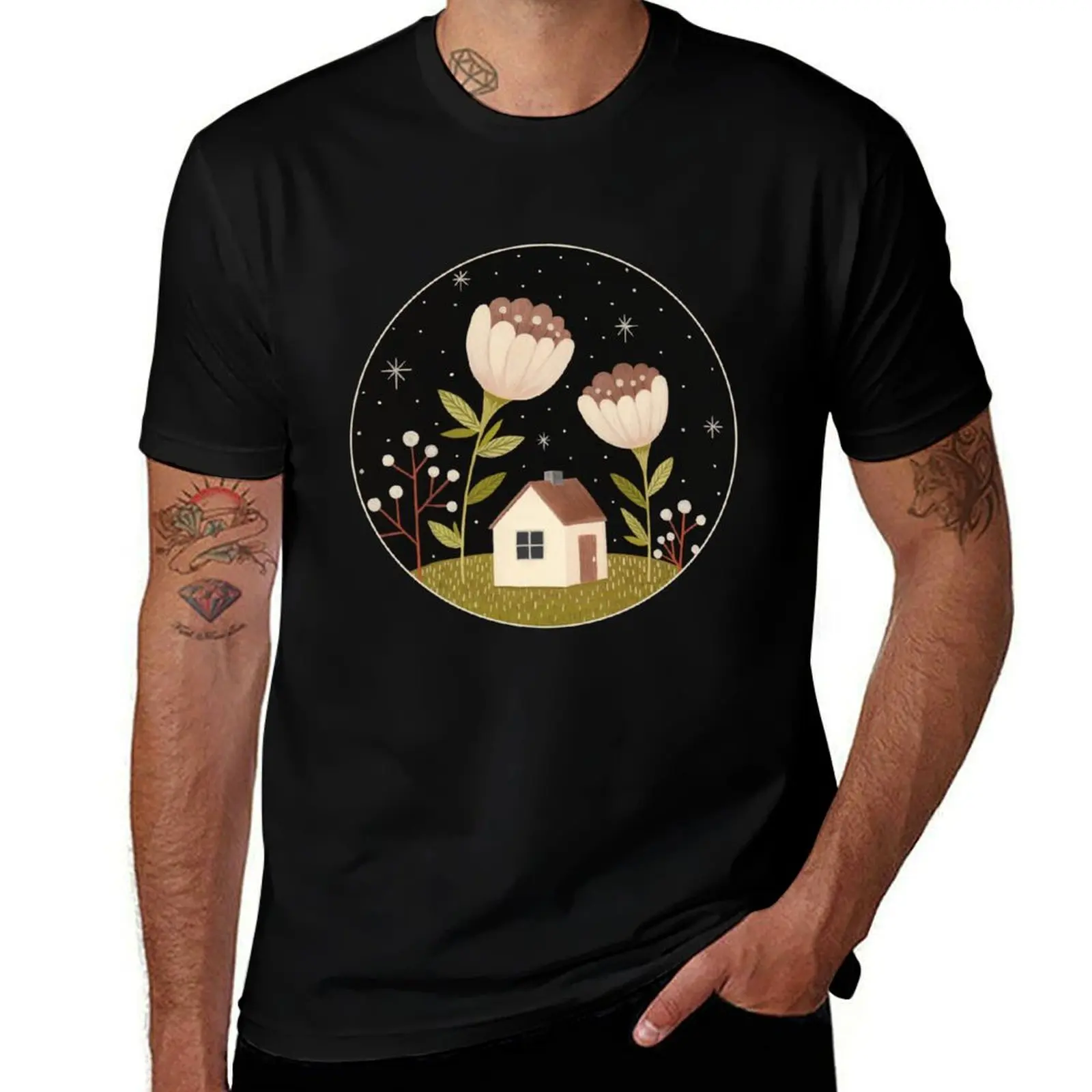 Tiny house among flowers T-Shirt Anti-Wrinkle Short Sleeve T-Shirt