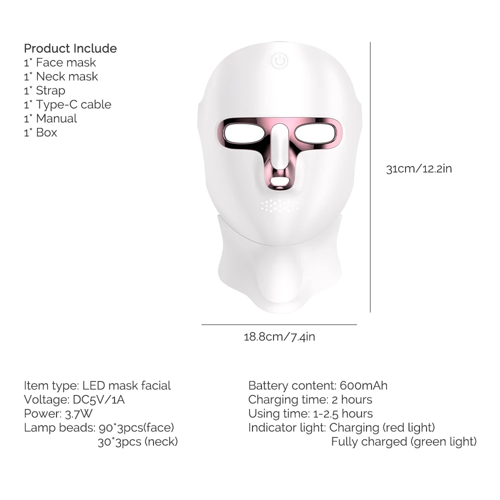 7-Farben-LED-Gesichtsmaske für Gesicht und Hals, Photon, Hautverjüngung, Aufhellung, Straffung, wiederaufladbarer Hals, Gesichtspflege, Schönheitsbehandlung – Detail 10