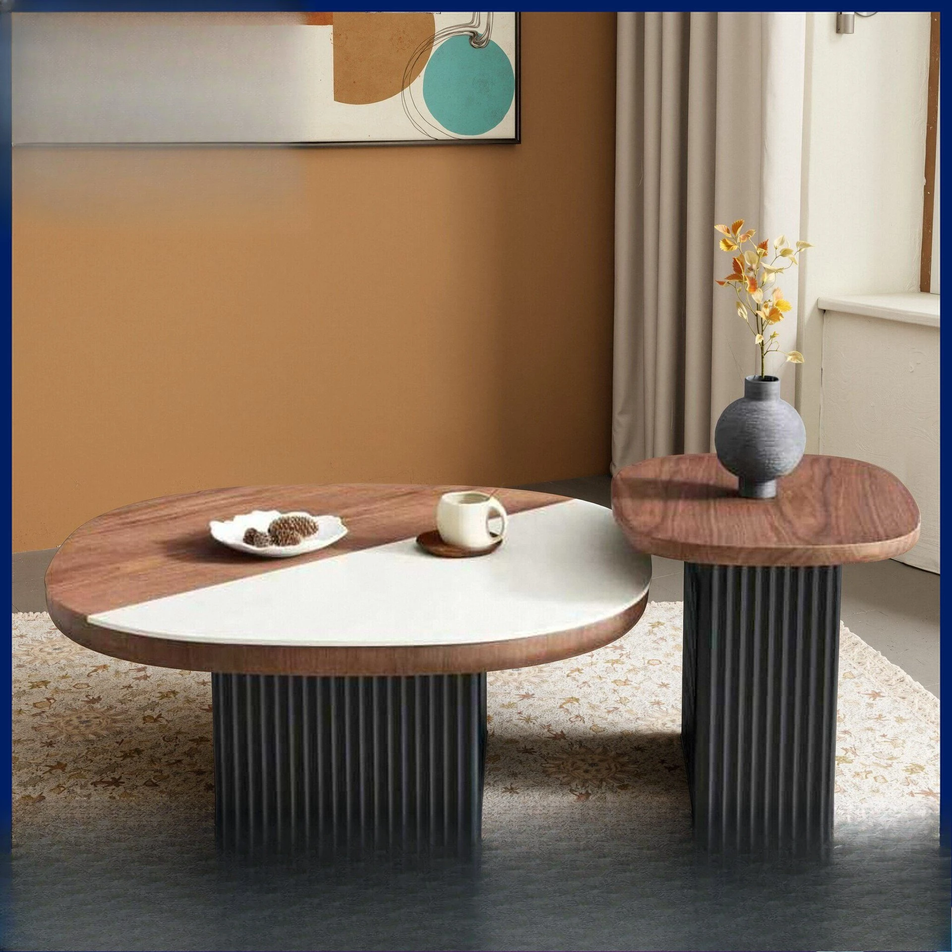 Medieval style designer round coffee table size combination living room retro home walnut surface simple tea table