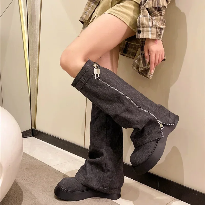 Women Pleated Chunky Platform Knee High Denim Boots Women Thick Bottom Wedge Western Boots Side Zipper Cowgirl Botas 2024