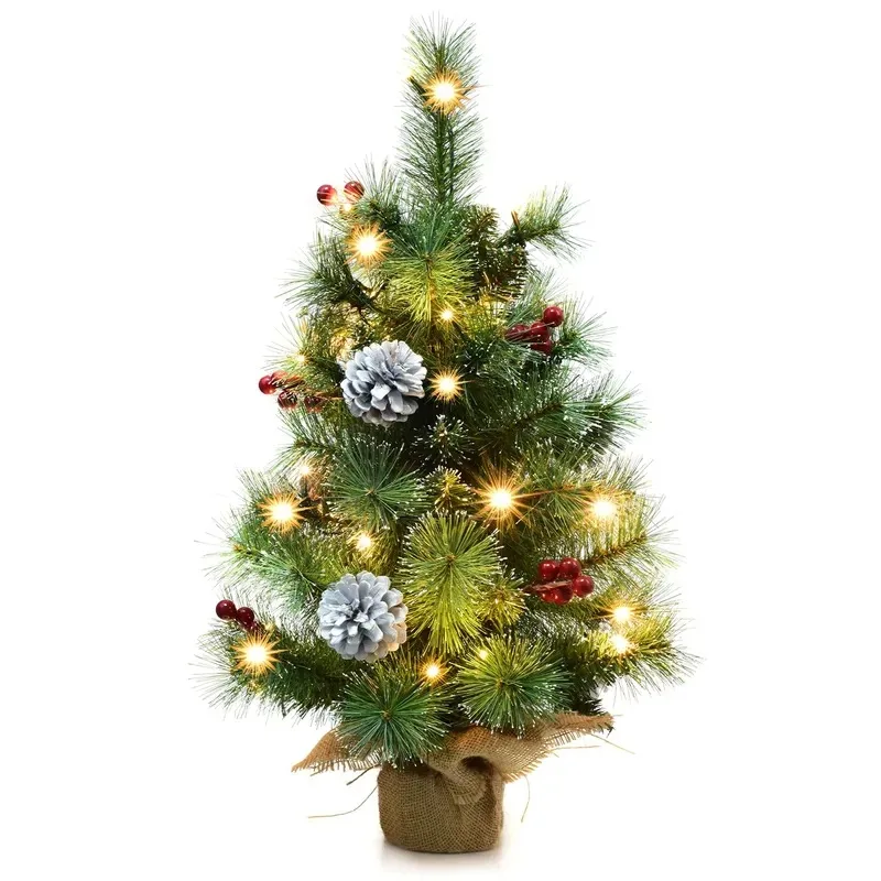 Pre-installed lights High-quality mini Christmas tree with fluffy pine needles, pine cones, berries, 2-foot burlap base,