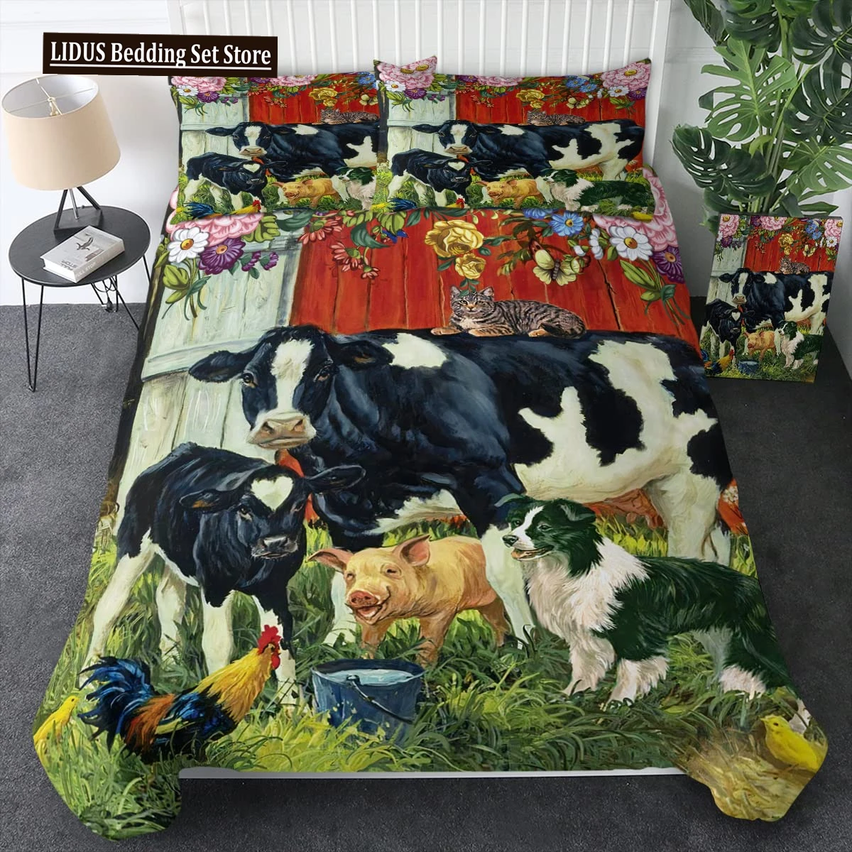 

Farmer Cow Print Duvet Cover Set Oil Painting Cow Bedding Set Vintage Animals Dog Pig Chicken Printed Comforter Cover Full Size