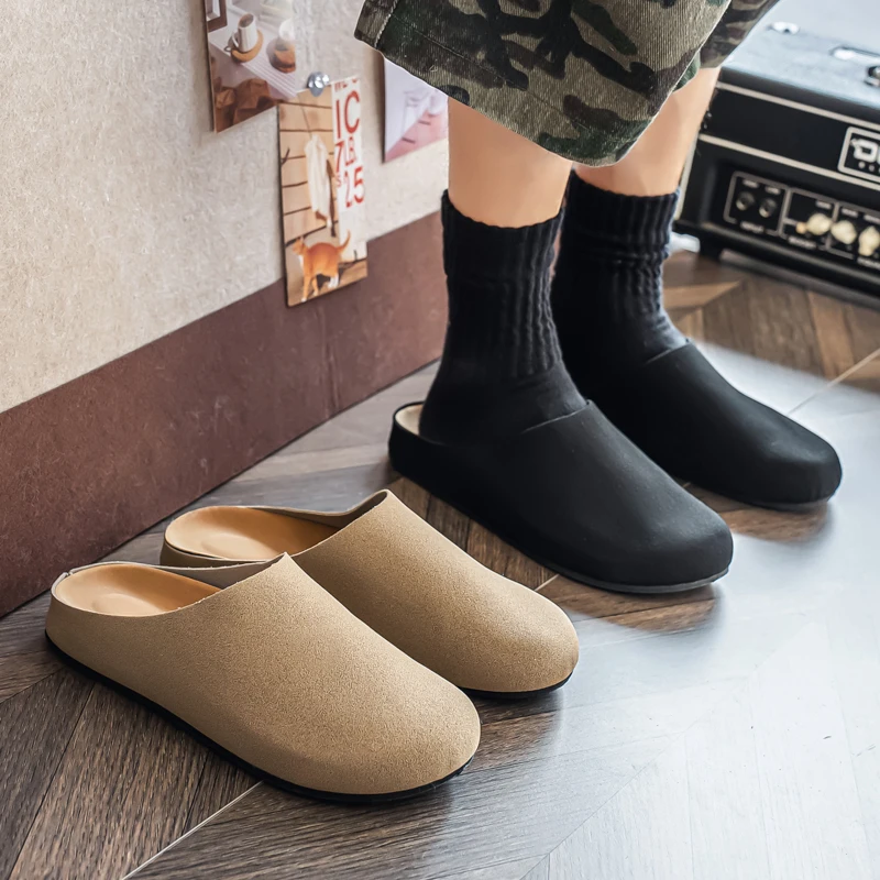 

Leather Half Shoes for Men Mules Platform Backless Loafers Slippers Summer Open-back Casual Shoes Slides Sandal Slip On Flats