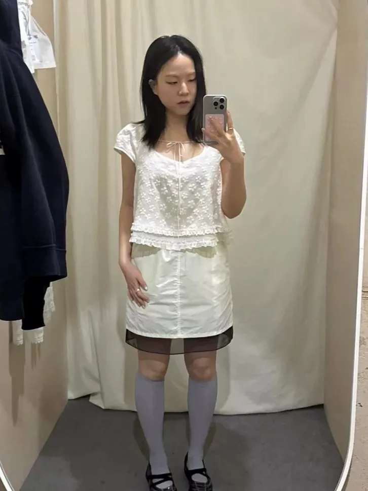 

Sweet Sle Embroidered Lace Patchwork ort Sve Square Collar Top Agel Faionable Korean Sle Women's irt