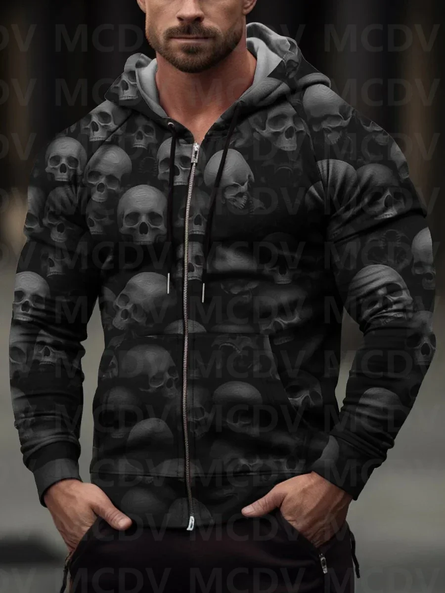 

Men's Praying Beauty N Reaper Skul Casual Print Leaf Zip-Up Hoodie Halloween Zipper Hoodies