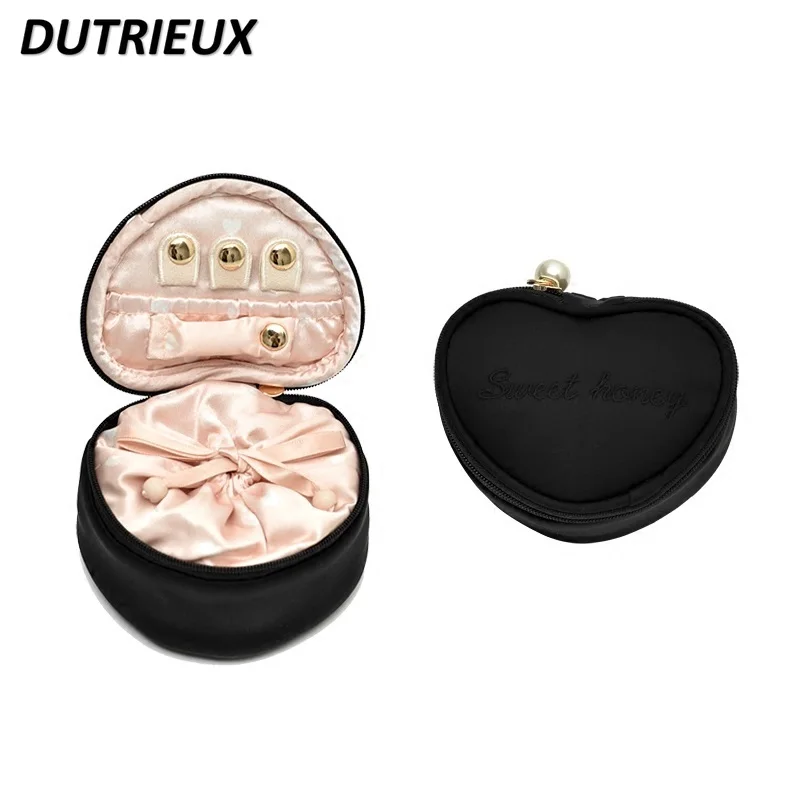 Sweet Heart-Shaped Makeup Bags Travel Portable Jewelry Box Pearl Pull Head English Letter Embroidery Women\'s Storage Bag