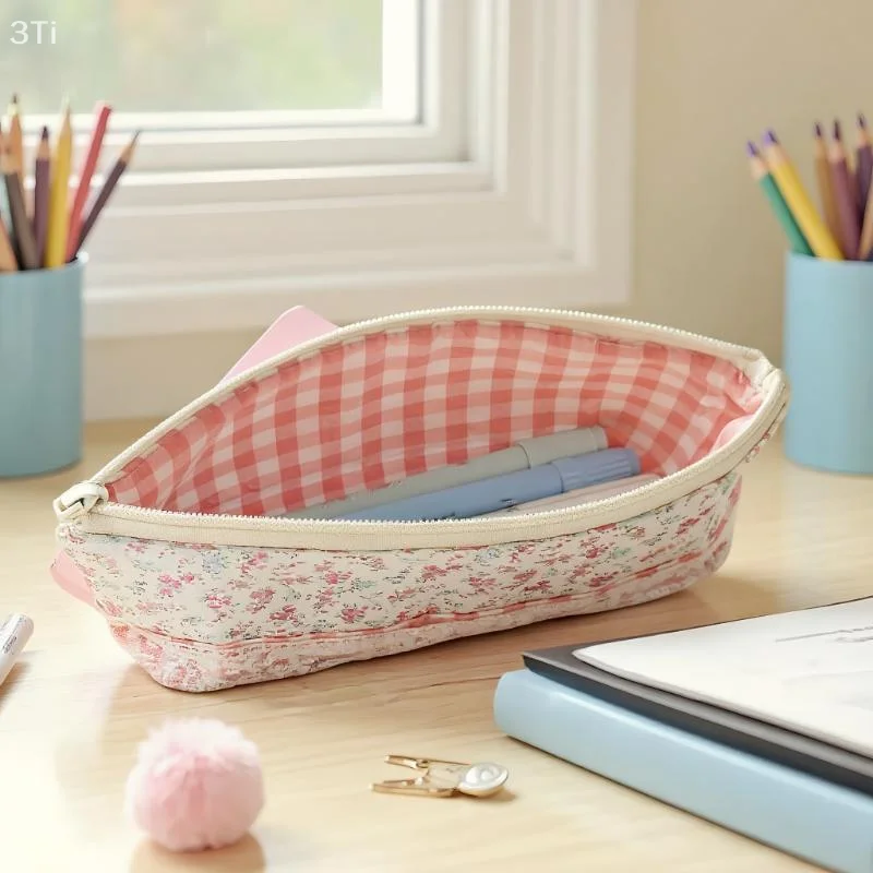 Bolsa de lápices Floral rosa con adorno de encaje, organizador de papelería para niñas, bolsa para bolígrafos de gran capacidad, suministros escolares y de oficina