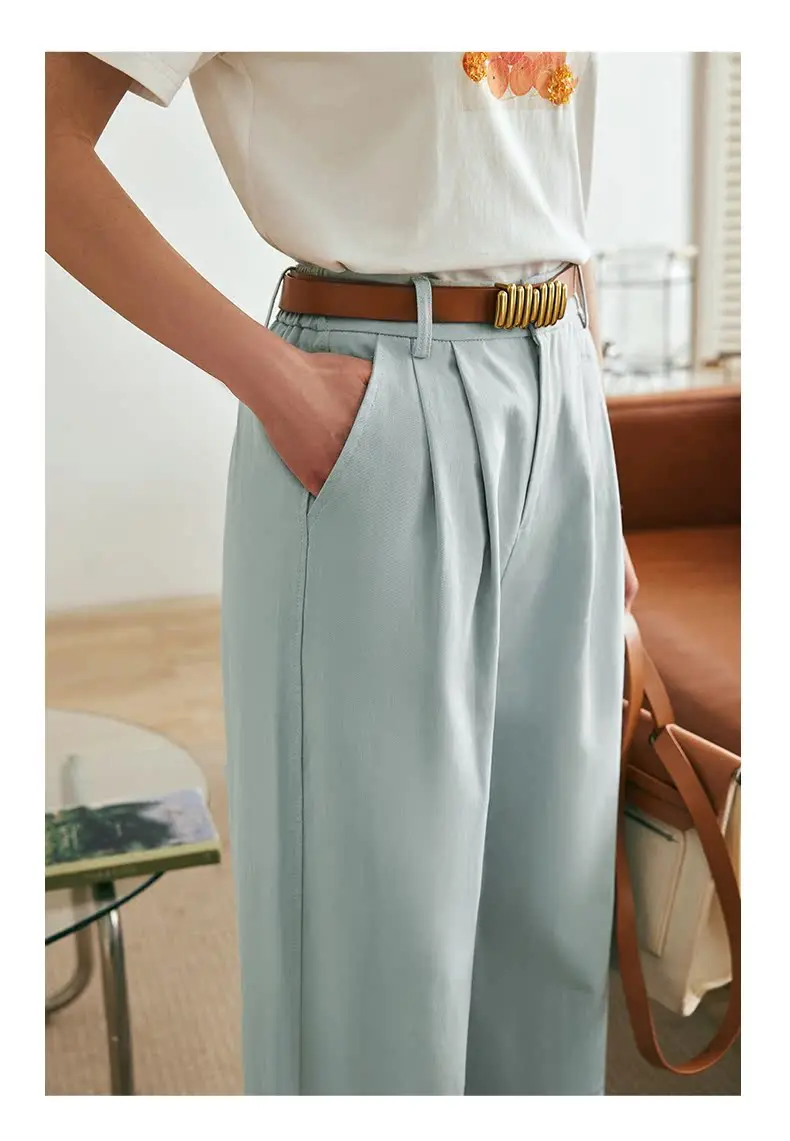 OLrain Women Blue Casual Pants 2025 French Fads High-Waisted Washed 100%Cotton Straight Harlan Pants Women's Pants O23XA69960