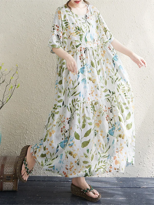 

Летнее платье свободного кроя с коротким рукавом и круглым вырезом, женское, с юбкой-трапецией, длинное, стройнящее, больших размеров