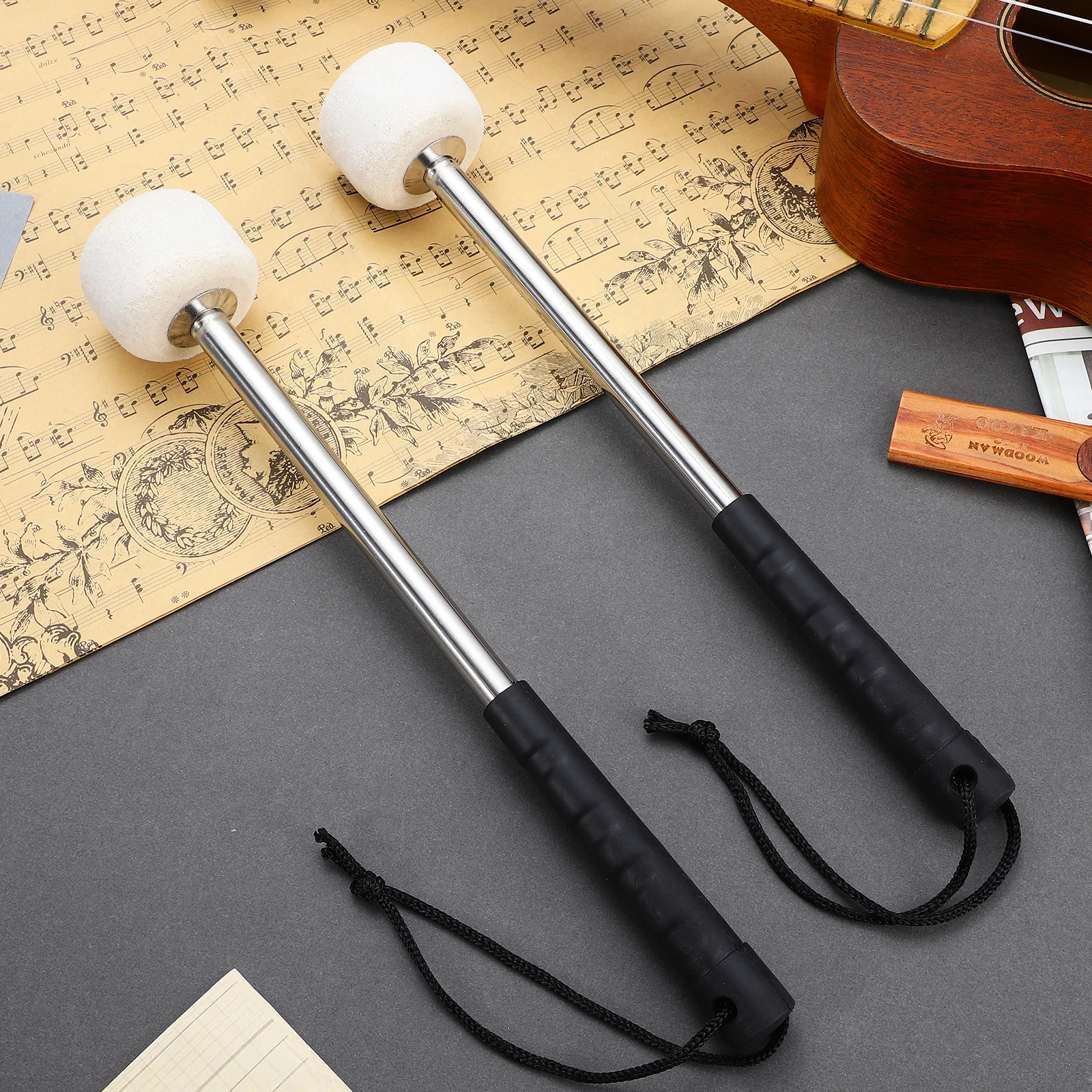 

2Pcs Drum Sticks Stainless Steel Handle Wool Felt Head Portable Lightweight Drum Mallets for Kids Students Practice