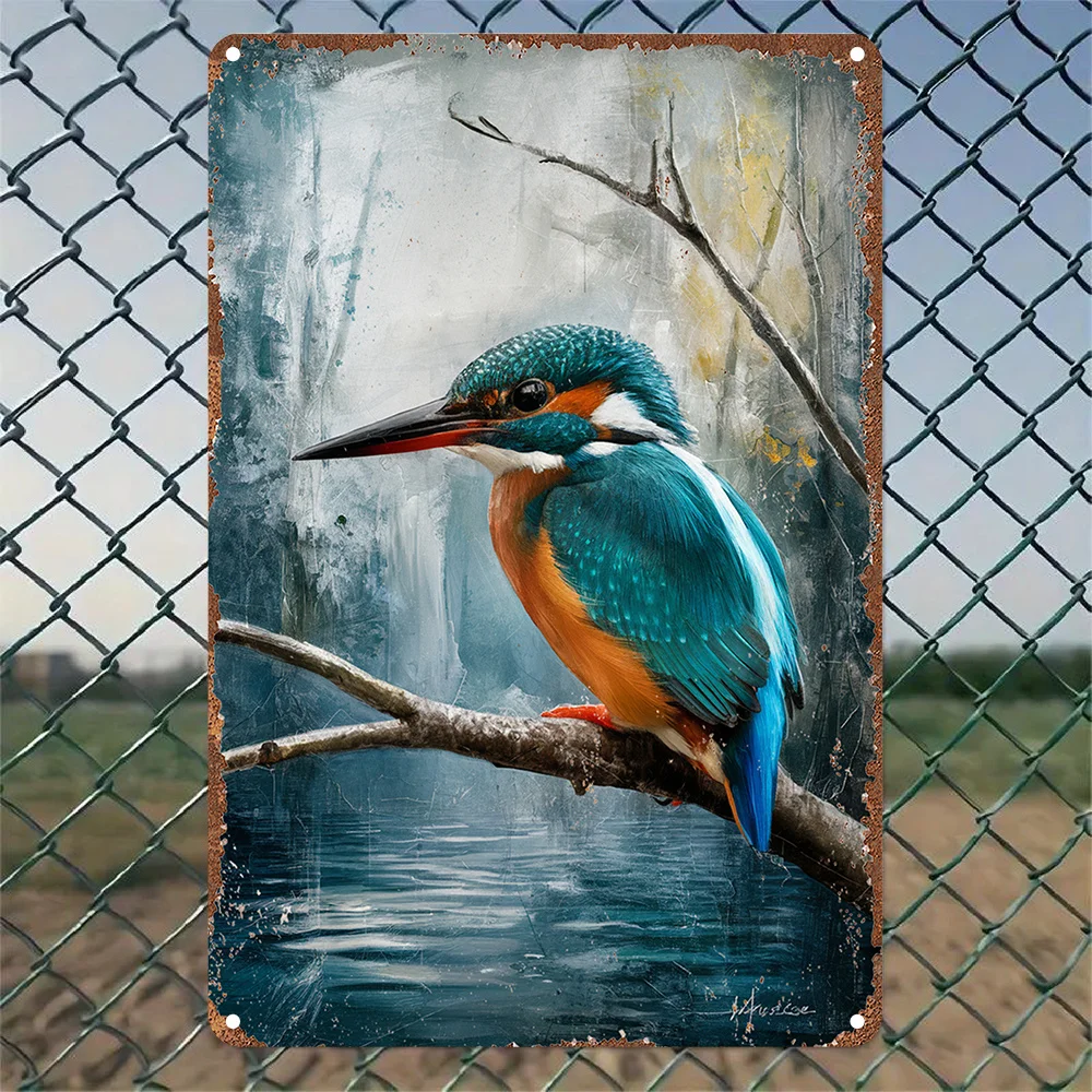 2D Flat, 1pc Vintage Kingfisher Bird Wall Art - Rustic Metal Kingfishisher Fisherman Sign, Aluminum 2D Flat Panel with Perfor