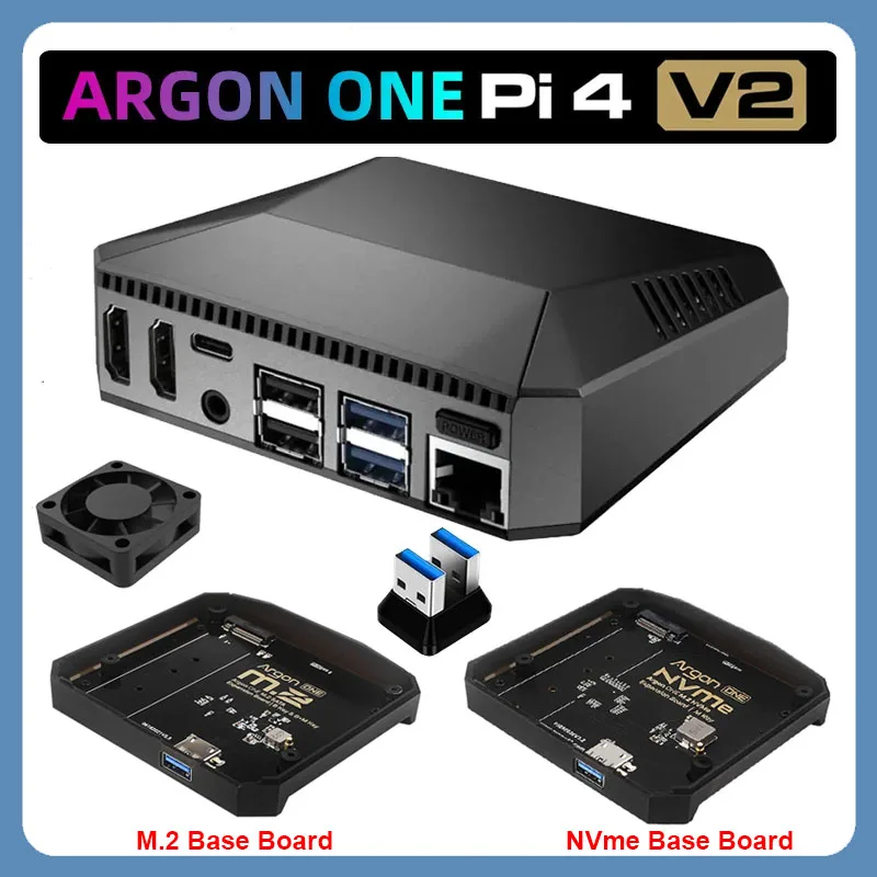 

Argon One V2 Case for Raspberry Pi 4 Aluminum Metal Shell Power Switch Cooling Fan Heat Sinks NVME Base Board Optional for RPI 4