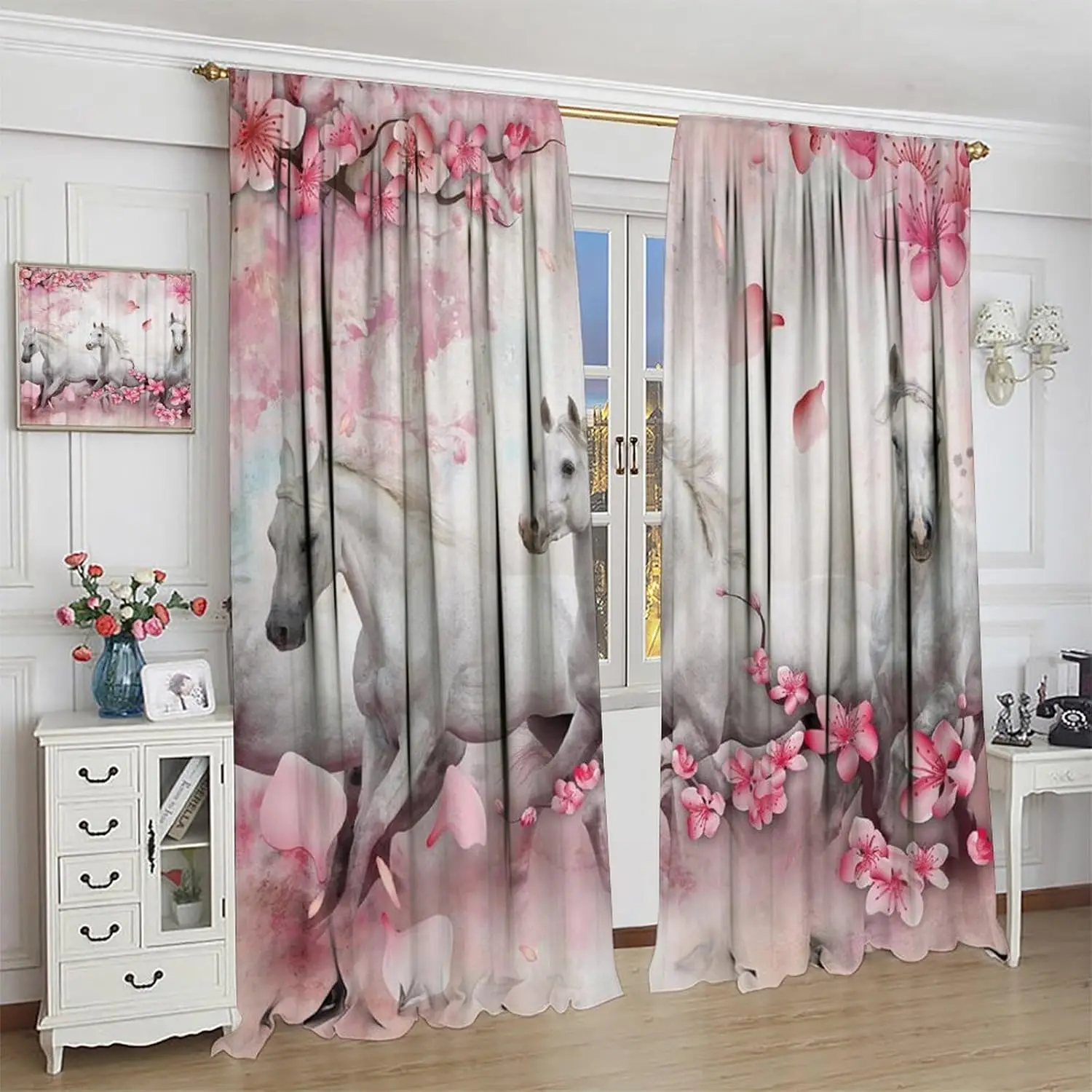 Cortinas de ventana de caballos, caballos salvajes occidentales debajo de cortinas de cereza para sala de estar, caballo de animales de granja rústico de estilo rural rosa