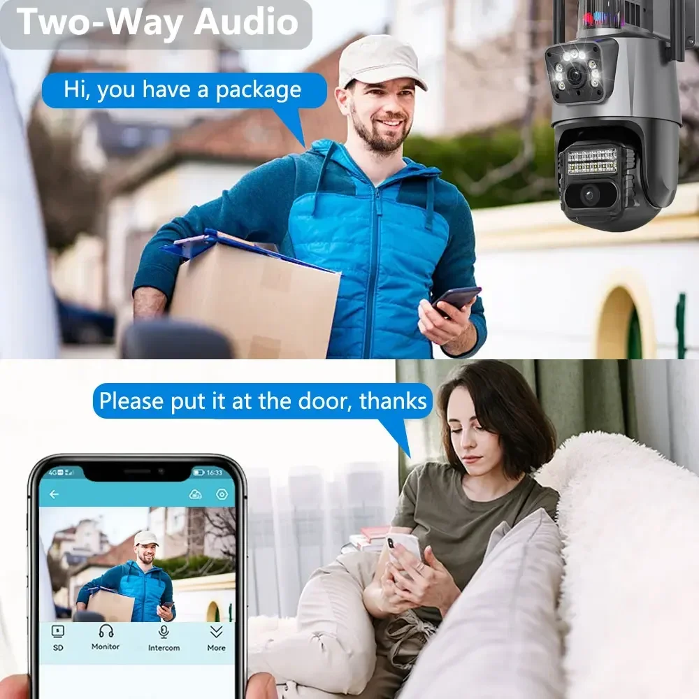กล้องตรวจการณ์ใน IP66 4K 8MP Tuya WIFI กล้องวงจรปิด2เลนส์สองหน้าจอติดตามอัตโนมัติกลางแจ้งกันน้ำการมองเห็นได้ในเวลากลางคืนสี