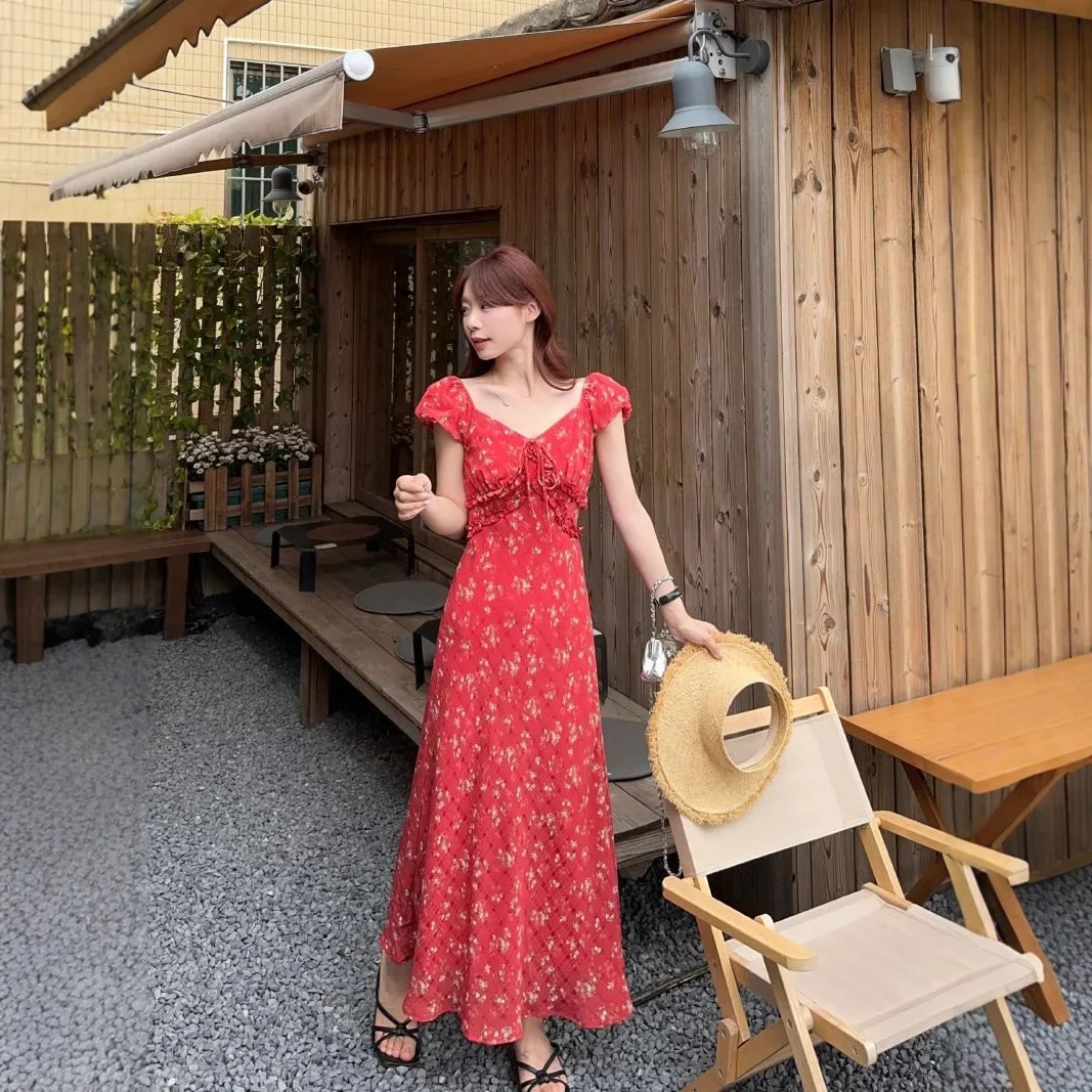 الأزهار طباعة نفخة الأكمام ألف خط فستان طويل المرأة الصيف 2025 الخصر مقصوص الكورية نمط الخامس الرقبة ميدي فستان قصير الأكمام