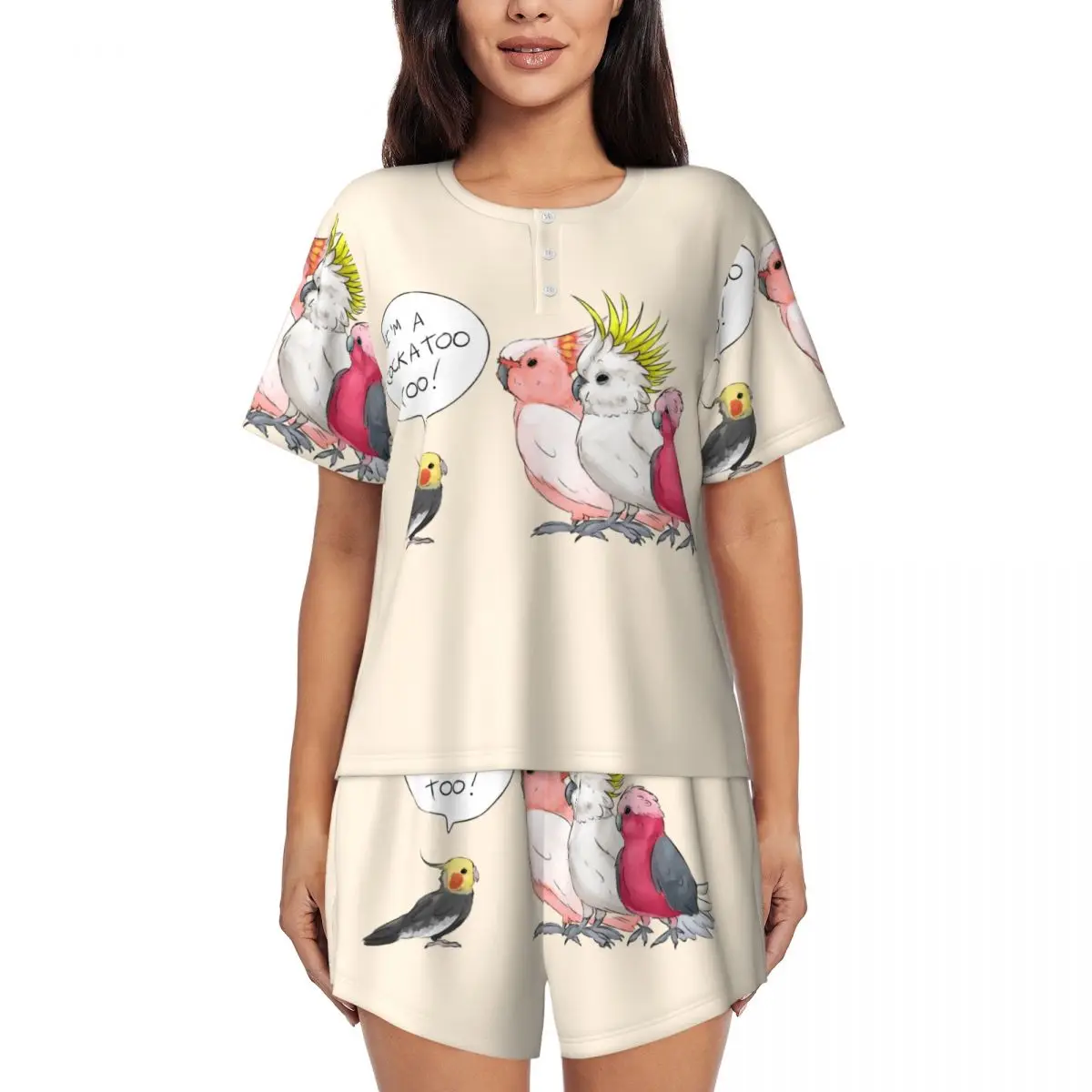 Custom Funny Cockatoo Cockatiel Pajamas Set Women's 2 Piece Short Sleeve Parrot Birds Sleepwear Loungewear PJS Shorts Sets