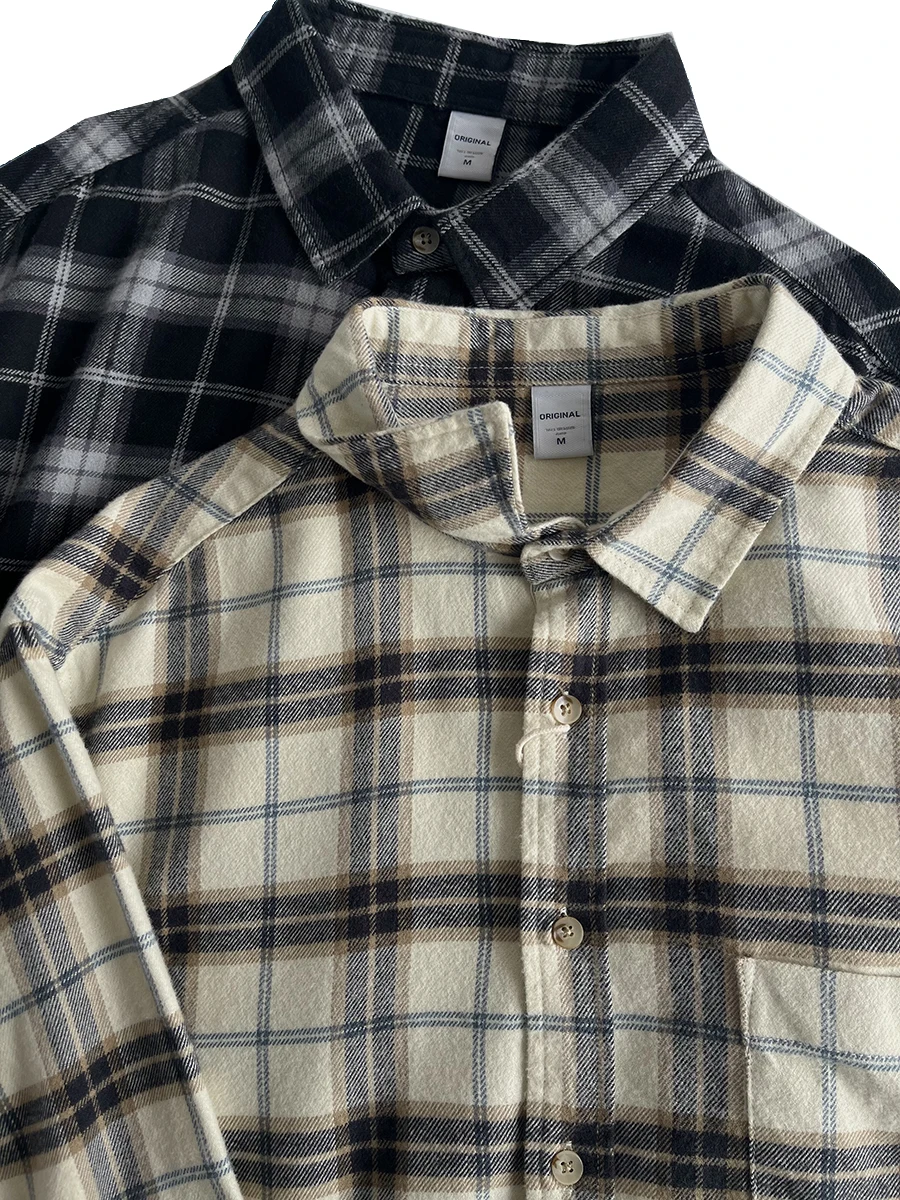 

Classic Plaid Retro Waed Pure Cotton Long Sve Loose Fitting Brued Collar Casual irt Japanese Sle Youth Wear Spring