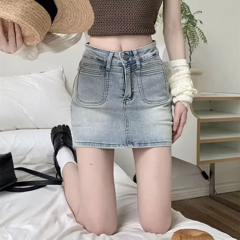 Women Skirts Denim Pockets High Street Schoolgirl Stylish All-match Cool Stretchy Cozy Fit Aesthetic Above Knee Retro Streetwear