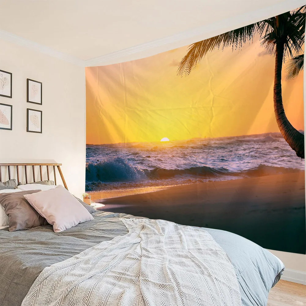 Ocean view tapestry, sunrise, beach, wave wall hanging cloth, Bohemian aesthetics, bedroom, living room, wall art decoration
