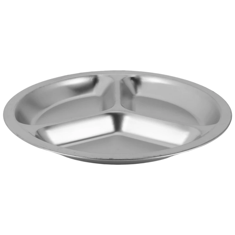 Stainless Steel 3 Sections Round Divided Dish Snack Dinner Plate Diameter 24CmA09G