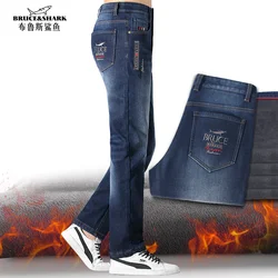 Nieuwe Fleece Winter Heren Jeans Bruce & Shark Rechte Been Losse Stretch Jeans Mannen Mode Casual Grote MAAT 42 Heren Jean