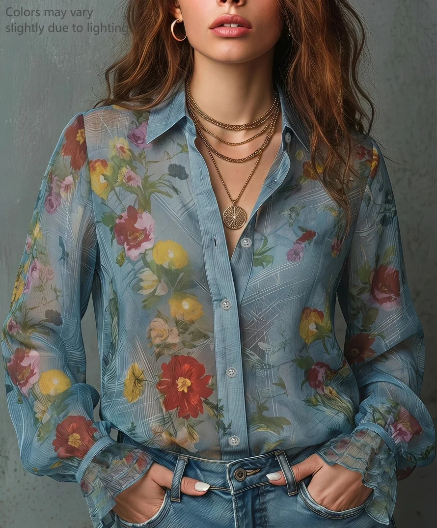 Vintage Floral Print Chiffon Semi-Transparent Fashion Shirt for Women Elegant Top with Retro Aesthetic Ladies' Elegant Shirt
