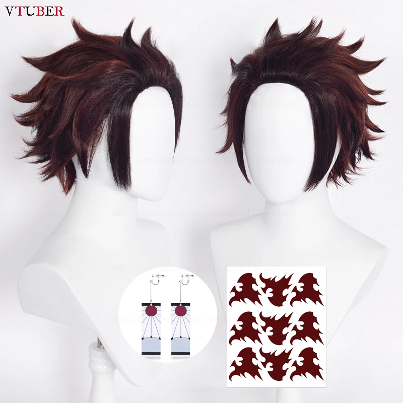 

High Quality Kamado Tanjirou Cosplay Wigs Chestnut Brown Short Heat Resistant Synthetic Hair Anime Role Play Wigs + Wig Cap