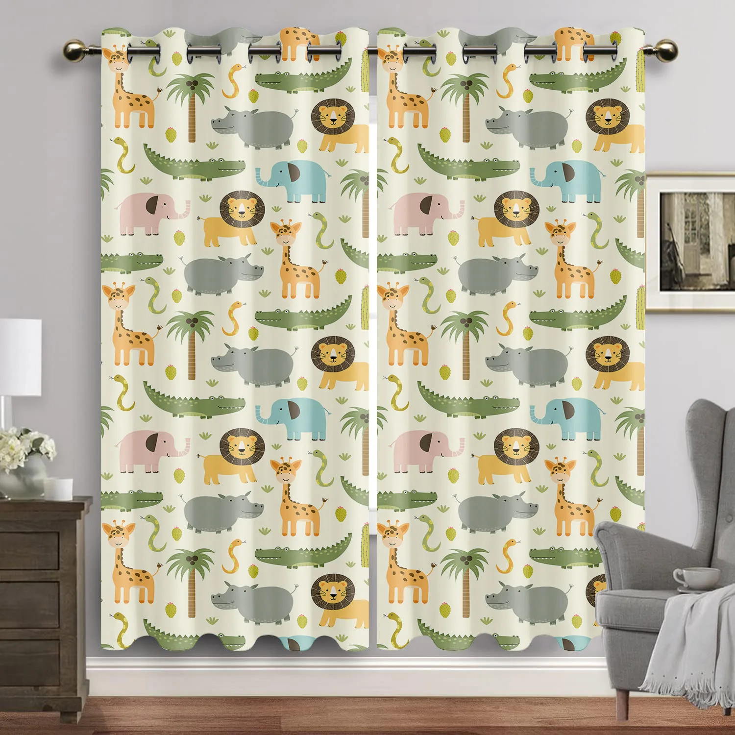 Safari Animals Window Curtain Cartoon Jungle Forest Print Curtains Home Decor Drape for Baby Kuds Children Bedroom Living Room