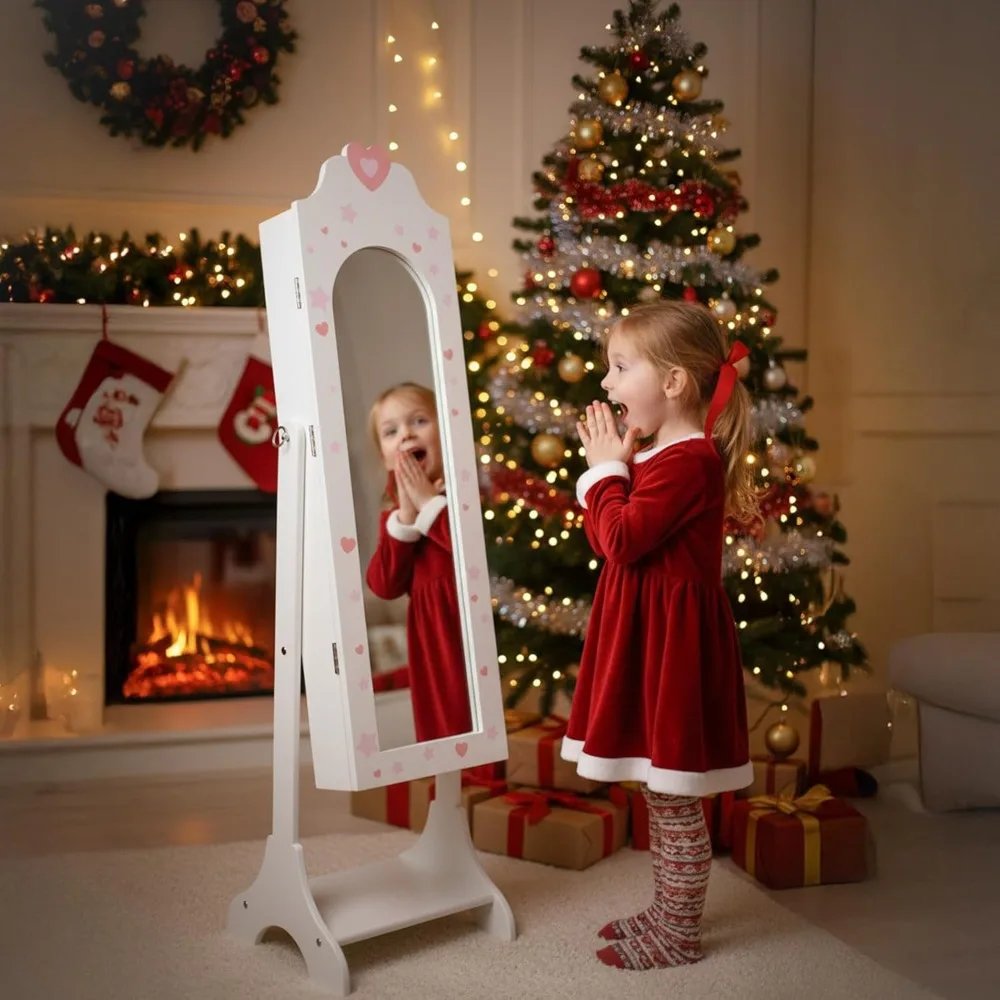 

Kids Jewelry Cabinet with Full-Screen Mirror, Cute Heart Print Jewelry Box with Large Storage Capacity, Kids Vanity Dress