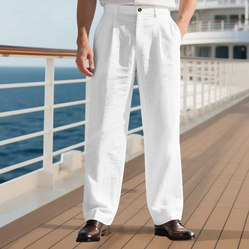 2025 Autumn New Men's Pants Premium Linen Straight Nine-point Pants Breathable Gurkha Casual Loose Business Suit Pants