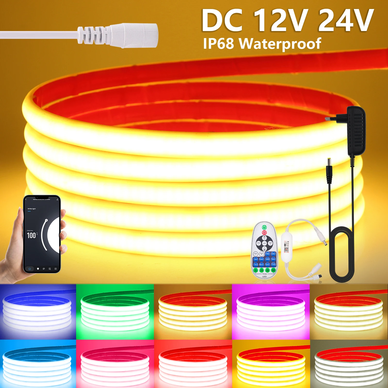 

IP68 Waterproof Outdoor COB LED Strip 12V 24V Dimmable 320LEDs/m Tuya Wifi Remote Control Flexible Neon LED Tape 10Colors