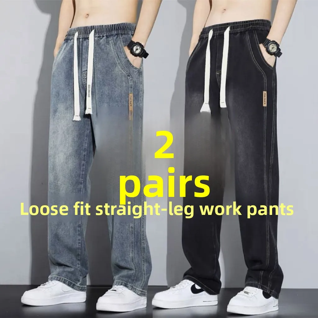 

Мужские джинсы на резинке для весны и осени, модные, свободные, больших размеров, прямые, износостойкие рабочие брюки с завязками