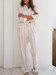 Women Oversized 2 Piece Lounge Set Striped Printed Button Down Shirt Tops Wide Leg Pants Pajamas Outfits Set