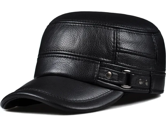 Winter Genuine Leather Cap Men's Flat Caps Military Hat Elegant Man Baseball Cap British Vintage Cowhide Ear Warm Hat