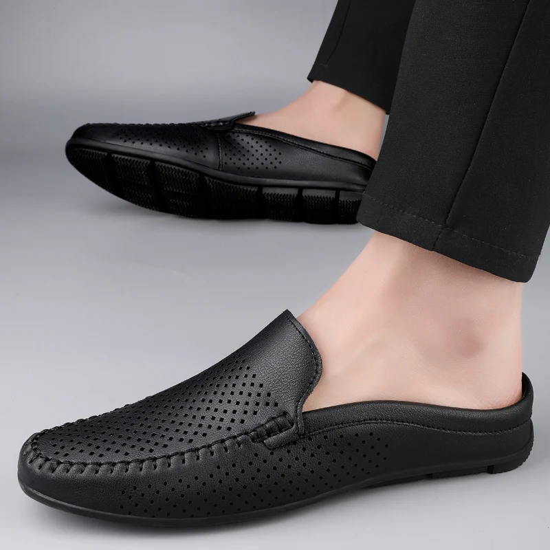 Lightweight Mules Men Closed Toe Half Slippers Slip On Flats Plus Size Leather Moccasins Backless Loafers Open-back Casual Shoes