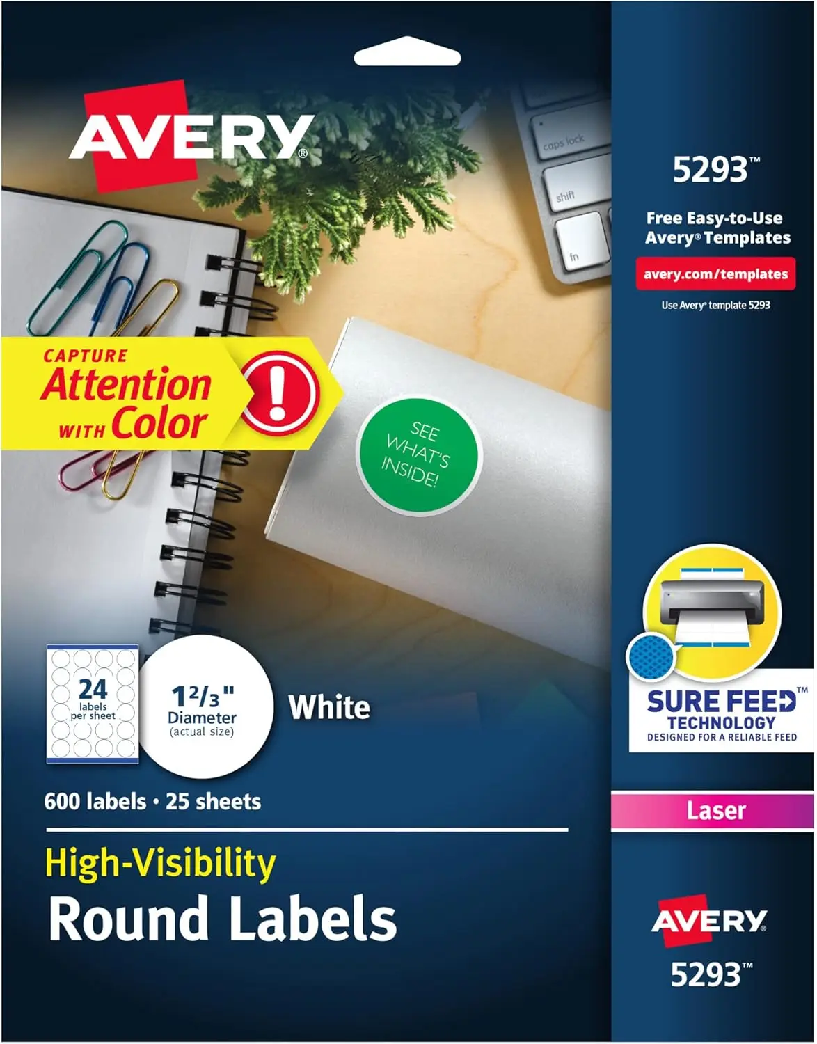 

Round Printable Labels, 1-2/3' Diameter, Matte White, Sure Feed Technology, Laser & Inkjet Compatible, 600 Blank Labels Total, G