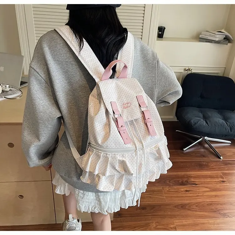 Nylon lightweight and fresh polka dot lace student schoolbag, large-capacity button-up commuter travel bag for girls