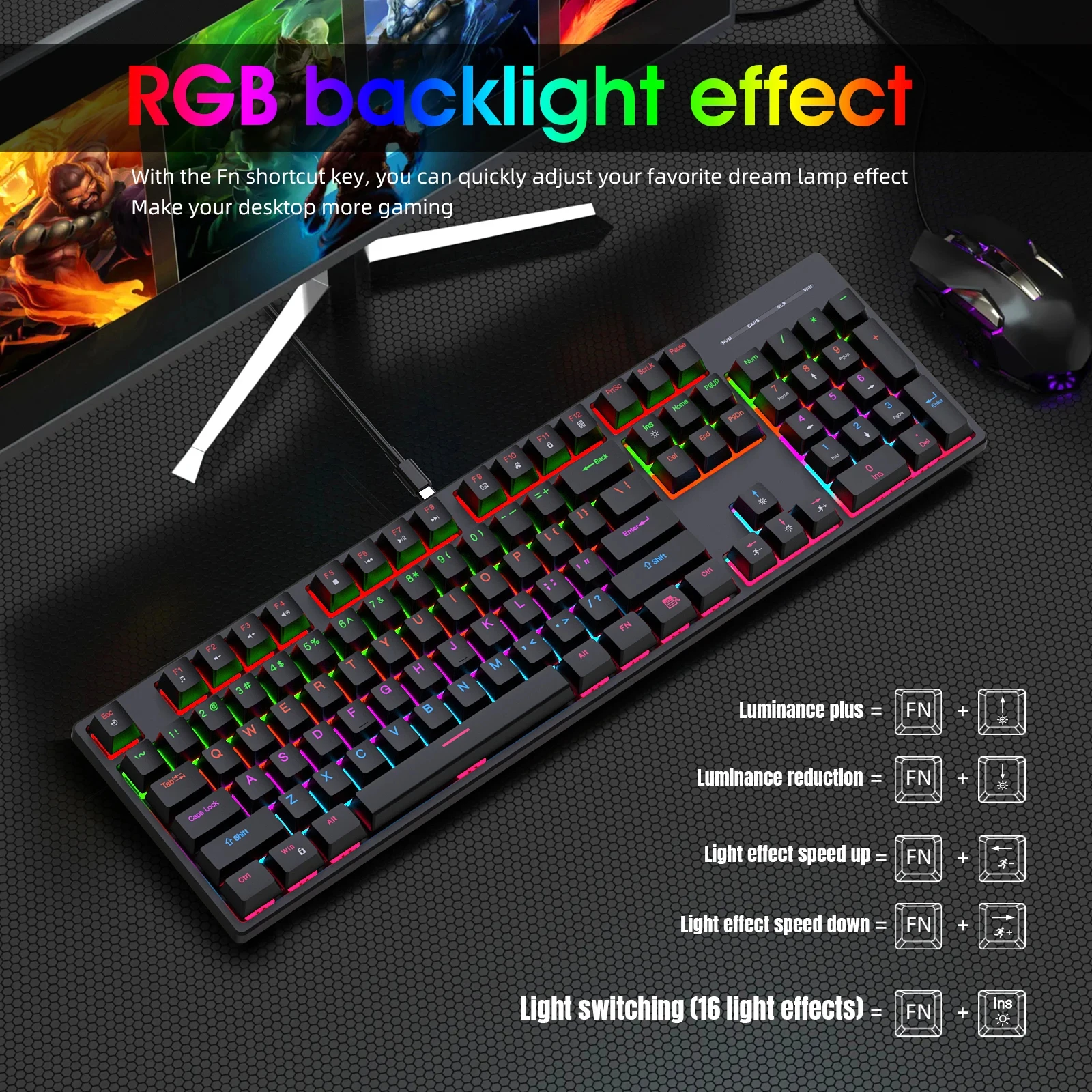 KEBIDUMEI Mechanical Keyboard Cyan Axis 104 Keys Wired Gaming Keyboard 16 RGB Backlit Keyboard for PC Laptop Macbook Gamer